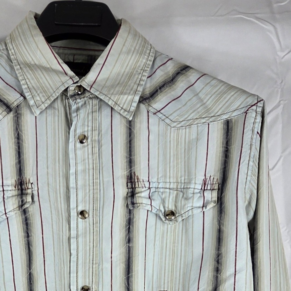 7 Diamonds Mens Western Pearl Snap Stripe Long Sleeve Shirt Blue Tan Frayed Hem
